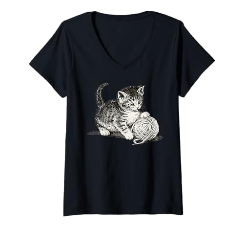 Damen Vintage Kätzchen und Garn T-Shirt mit V-Ausschnitt von Cat Lover Gifts