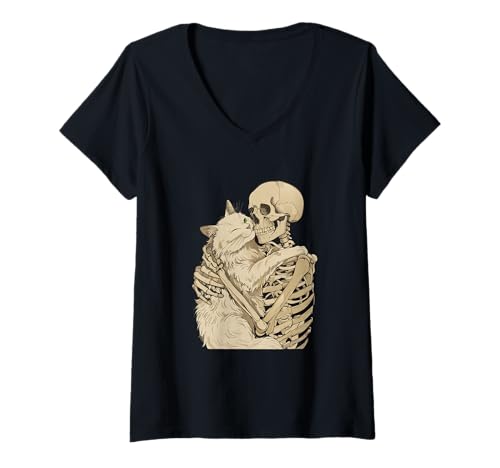 Damen Kitten Pet Skeleton Hugging Cat Graphic Halloween T-Shirt mit V-Ausschnitt Damen Kitten Pet Skeleton Hugging Cat Graphic Halloween T-Shirt mit V-Ausschnitt von Cat Lover Pet Owner Funny Halloween Design Gifts
