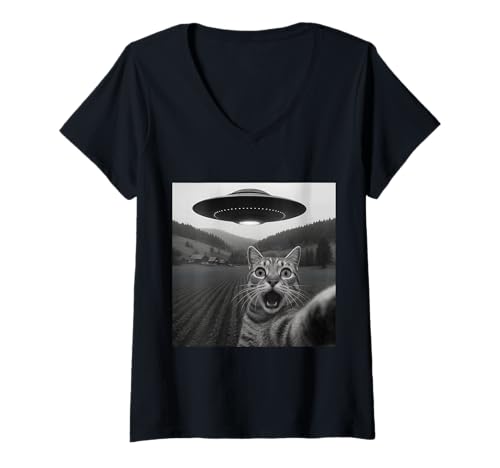 Damen Funny Cat Selfie with Alien UFO Kitten T-Shirt mit V-Ausschnitt Damen Funny Cat Selfie with Alien UFO Kitten T-Shirt mit V-Ausschnitt von Cat Lover Pet Owner UFO Selfie Design Graphic