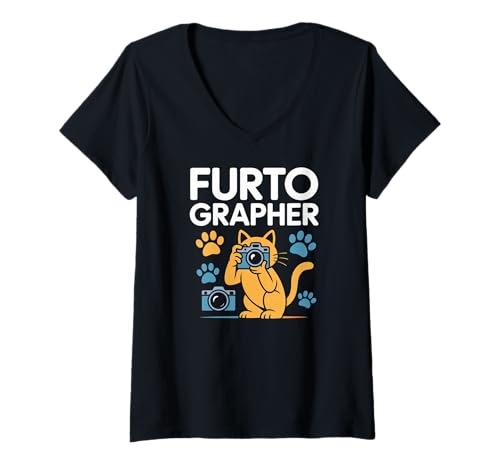 Damen Furtographer Katzenkamera, Pfotenabdrücke, Spaß T-Shirt mit V-Ausschnitt Damen Furtographer Katzenkamera, Pfotenabdrücke, Spaß T-Shirt mit V-Ausschnitt von Cat Lover Photography Humor Enthusiasts