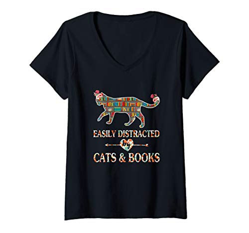 Damen Cat Lover Book Lover Reader Easily Distracted by Cat & Books T-Shirt mit V-Ausschnitt von Cat Lover Shirt Cute Kitten Cat Book Lover Tees