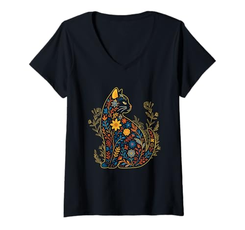 Damen Katzenliebhaber mit Blumenmuster T-Shirt mit V-Ausschnitt Damen Katzenliebhaber mit Blumenmuster T-Shirt mit V-Ausschnitt von Cat Lover Shirts