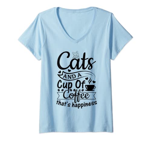 Damen Cats And A Cup Of Coffee That's Happiness – Katzenliebhaber T-Shirt mit V-Ausschnitt Damen Cats And A Cup Of Coffee That's Happiness – Katzenliebhaber T-Shirt mit V-Ausschnitt von Cat Lover & Cat Owner