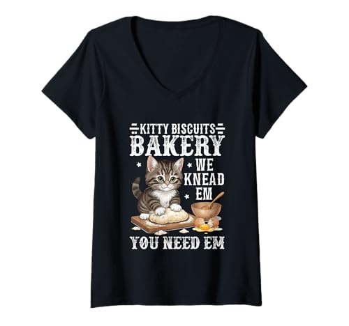 Damen Kitty Biscuits Bakery Wir kneten sie, du brauchst sie T-Shirt mit V-Ausschnitt Damen Kitty Biscuits Bakery Wir kneten sie, du brauchst sie T-Shirt mit V-Ausschnitt von Cat Lovers Cute Bakery Humor Cat Puns