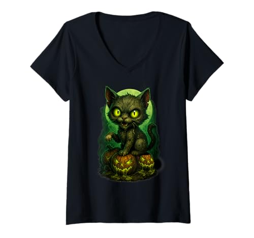 Damen Funny Kitty Halloween Pumpkin Cat T-Shirt mit V-Ausschnitt Damen Funny Kitty Halloween Pumpkin Cat T-Shirt mit V-Ausschnitt von Cat Lovers Halloween