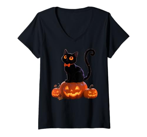 Damen Kitty Halloween Pumpkin Black Cat T-Shirt mit V-Ausschnitt Damen Kitty Halloween Pumpkin Black Cat T-Shirt mit V-Ausschnitt von Cat Lovers Halloween