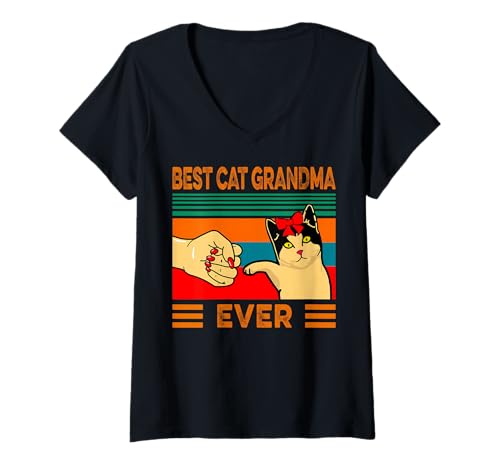 Damen Lustiges Geschenk für die Faust mit der Aufschrift Best Cat Grandma Ever T-Shirt mit V-Ausschnitt von Cat Lovers Retro Gifts