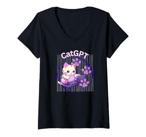 Damen CatGPT Nerdy Cat Gamer Chatbot AI Technologie Humor T-Shirt mit V-Ausschnitt Damen CatGPT Nerdy Cat Gamer Chatbot AI Technologie Humor T-Shirt mit V-Ausschnitt von Cat Mom Cat Dad Gamers Programmers AI Funny