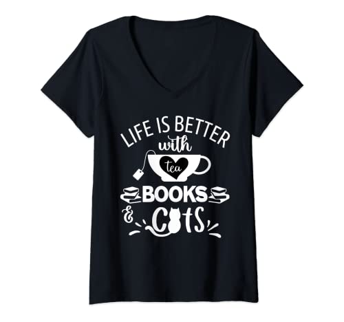 Damen Life is Better with Tea Books & Cats Shirt,Tea Books & Cats T-Shirt mit V-Ausschnitt von Cat Mom Life is Better with Tea Cats & Books Shirt