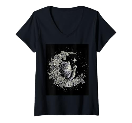 Damen Mond Katze Sterne Rosen Mystic Magic Sky T-Shirt mit V-Ausschnitt Damen Mond Katze Sterne Rosen Mystic Magic Sky T-Shirt mit V-Ausschnitt von Cat Moon Star Floral Night Pet