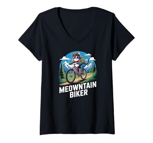 Damen Meowntain Biker Cat Mountainbiker T-Shirt mit V-Ausschnitt von Cat Mountain Adventure Fun Outdoor Cycling