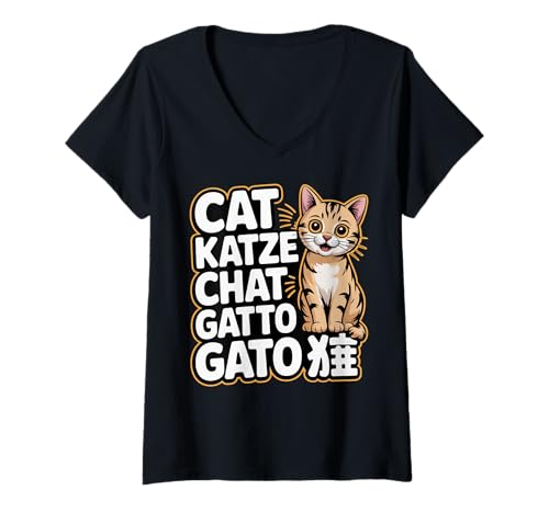Damen Süße Katze in verschiedenen Sprachen Lustige Katzenliebhaber Mütter & Papa T-Shirt mit V-Ausschnitt Damen Süße Katze in verschiedenen Sprachen Lustige Katzenliebhaber Mütter & Papa T-Shirt mit V-Ausschnitt von Cat Multilingual Kitten Animal Lover Gift Shirt