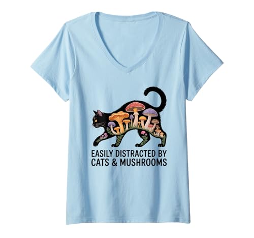 Damen Süße Schwarze Katze Kunst Männer Pilz Stuff Ramen Katze Pilz Katze T-Shirt mit V-Ausschnitt von Cat Mushroom Costume Women Black Cat Painting