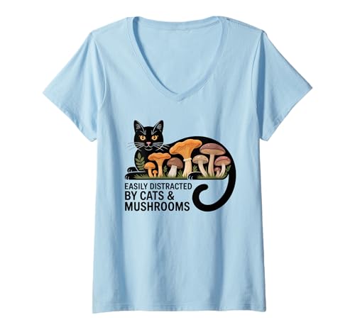 Damen Süße Schwarze Katze Kunst Männer Pilz Stuff Ramen Katze Pilz Katze T-Shirt mit V-Ausschnitt von Cat Mushroom Costume Women Black Cat Painting