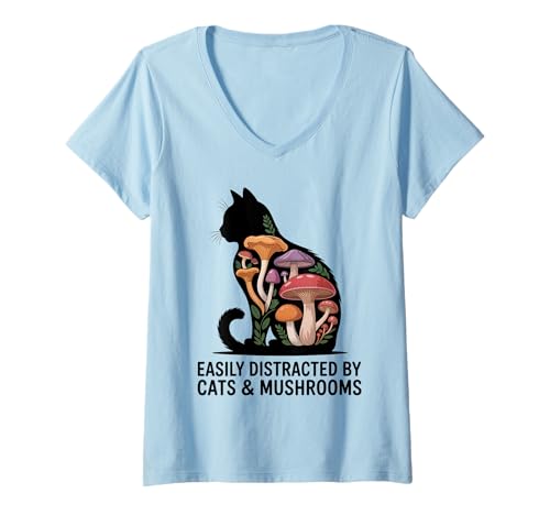 Damen Süße Schwarze Katze Kunst Männer Pilz Stuff Ramen Katze Pilz Katze T-Shirt mit V-Ausschnitt von Cat Mushroom Costume Women Black Cat Painting