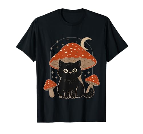 Vintage Pilz Schwarz Katze Cottagecore Ästhetische Frauen Mädchen T-Shirt von Cat Mushroom Hat Cute Kitten Cat Lovers Apparel