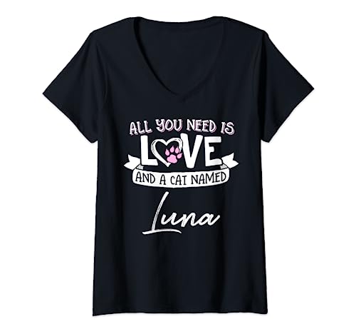 Niedliche Katze namens Luna Design für Frauen und Mädchen T-Shirt mit V-Ausschnitt von Cat Named Luna