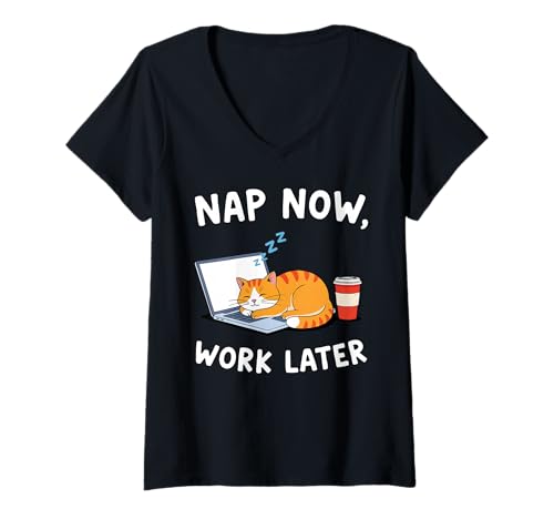 Damen Nap Now Work Later Cat Laptop Coffee Lover T-Shirt mit V-Ausschnitt von Cat Nap Vibes Coffee Lover Relaxation Wear