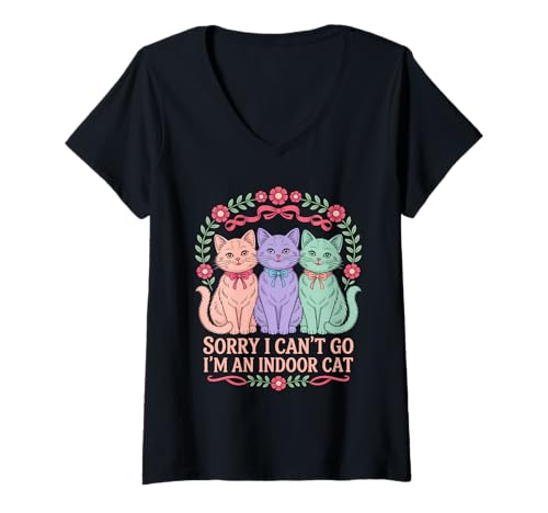 Damen Cat Owners Introverts Sorry I Can't Go I'm An Indoor Cat T-Shirt mit V-Ausschnitt Damen Cat Owners Introverts Sorry I Can't Go I'm An Indoor Cat T-Shirt mit V-Ausschnitt von Cat Owners Introverts Homebodies Playful Humor