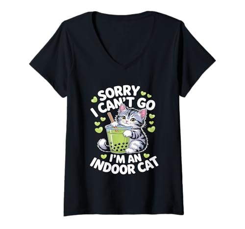 Damen Cat Owners Introverts Sorry I Cant Go Im An Indoor Cat T-Shirt mit V-Ausschnitt Damen Cat Owners Introverts Sorry I Cant Go Im An Indoor Cat T-Shirt mit V-Ausschnitt von Cat Owners Introverts Homebodies Playful Humor