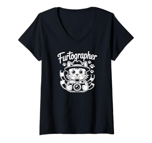 Damen Furtographer Niedliche Katze mit Kamera Fun Art T-Shirt mit V-Ausschnitt Damen Furtographer Niedliche Katze mit Kamera Fun Art T-Shirt mit V-Ausschnitt von Cat Photography Enthusiasts Creative