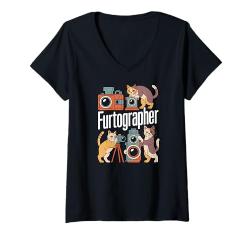 Damen Furtographer Katzen mit Kameras Spaß T-Shirt mit V-Ausschnitt von Cat Photography Enthusiasts Feline Humor