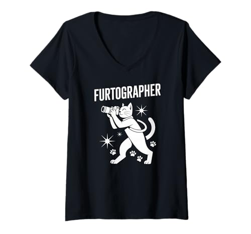 Damen Fotografin, Katzenkamera-Enthusiast T-Shirt mit V-Ausschnitt von Cat Photography Humor Whimsical Pet Fun
