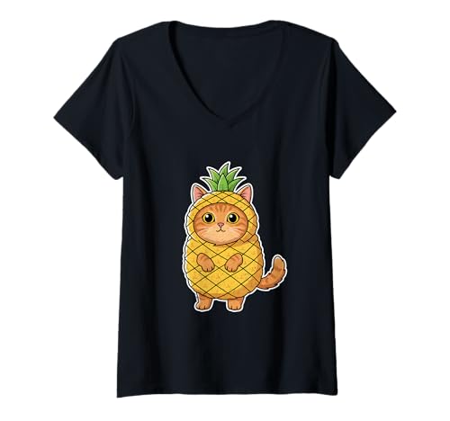 Damen Katze Ananas Kostüm T-Shirt mit V-Ausschnitt Damen Katze Ananas Kostüm T-Shirt mit V-Ausschnitt von Cat Pineapple Costume Collection