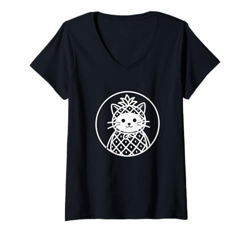 Damen Süßes Katzen-Ananas-Kostüm, tropisches Halloween T-Shirt mit V-Ausschnitt Damen Süßes Katzen-Ananas-Kostüm, tropisches Halloween T-Shirt mit V-Ausschnitt von Cat Pineapple Costume Collection