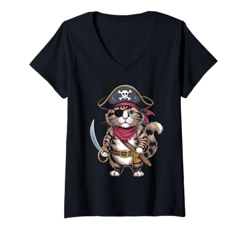Damen Katze Pirat T-Shirt mit V-Ausschnitt Damen Katze Pirat T-Shirt mit V-Ausschnitt von Cat Pirate Costume