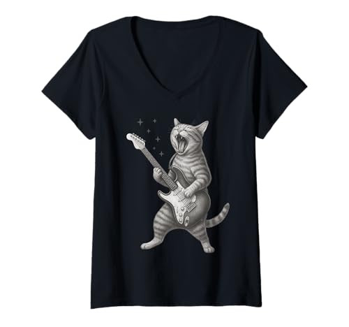 Damen Katze spielt Gitarre Rock Star Rock and Roll Katzenliebhaber Kunst T-Shirt mit V-Ausschnitt Damen Katze spielt Gitarre Rock Star Rock and Roll Katzenliebhaber Kunst T-Shirt mit V-Ausschnitt von Cat Playing Guitar Rock Star Rock and Roll Humor