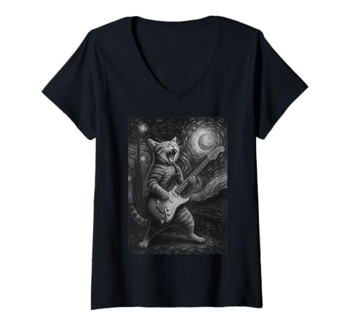 Damen Katze spielt Gitarre Rock Star Rock and Roll Katzenliebhaber Kunst T-Shirt mit V-Ausschnitt Damen Katze spielt Gitarre Rock Star Rock and Roll Katzenliebhaber Kunst T-Shirt mit V-Ausschnitt von Cat Playing Guitar Rock Star Rock and Roll Humor