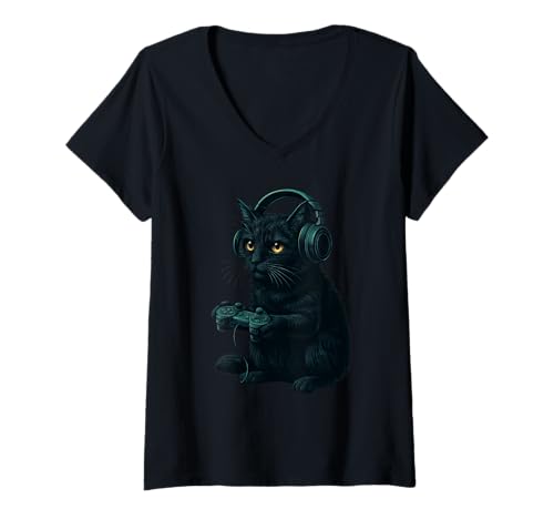Damen Black Cat Funny Video Games Gamer T-Shirt mit V-Ausschnitt von Cat Playing Video Games Gamer Apparel