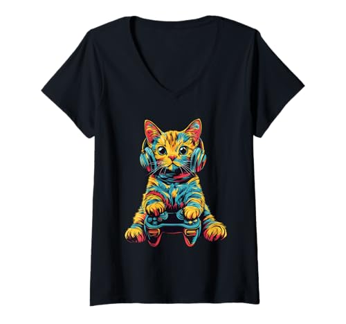 Damen Cat Funny Video Games Gamer T-Shirt mit V-Ausschnitt Damen Cat Funny Video Games Gamer T-Shirt mit V-Ausschnitt von Cat Playing Video Games Gamer Apparel