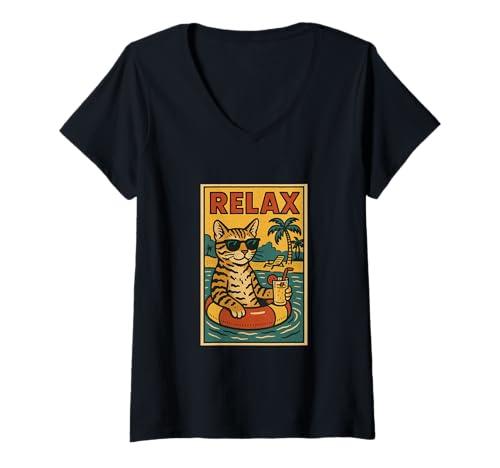 Damen Bengalkatze Relaxing Cool Comic Book Style Relax T-Shirt mit V-Ausschnitt von Cat Pop Art Store