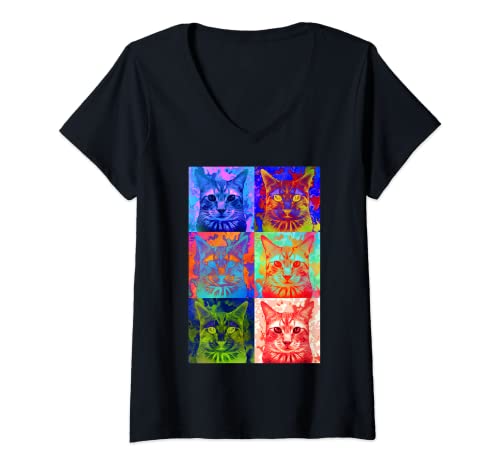 Damen Katzen-Pop-Art T-Shirt mit V-Ausschnitt Damen Katzen-Pop-Art T-Shirt mit V-Ausschnitt von Cat Pop Art