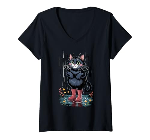 Damen Nasse Katze in Regenstiefeln stehend in einer Pfütze T-Shirt mit V-Ausschnitt Damen Nasse Katze in Regenstiefeln stehend in einer Pfütze T-Shirt mit V-Ausschnitt von Cat Rain Boots Co