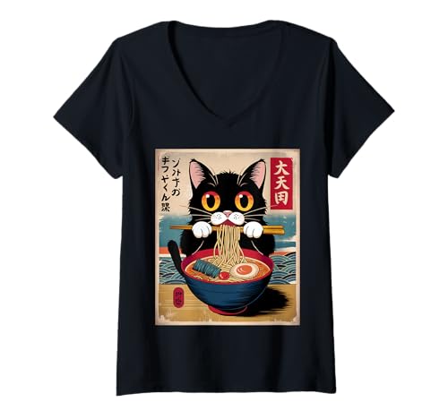 Damen Kawaii Cat Isst Nudeln Japanische Anime-Katzen-Ramen T-Shirt mit V-Ausschnitt Damen Kawaii Cat Isst Nudeln Japanische Anime-Katzen-Ramen T-Shirt mit V-Ausschnitt von Cat Ramen Anime Cat Eating Noodles Kawaii