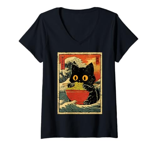Damen Cat Eating Ramen with Great Wave Japanese Noodle Meme T-Shirt mit V-Ausschnitt Damen Cat Eating Ramen with Great Wave Japanese Noodle Meme T-Shirt mit V-Ausschnitt von Cat Ramen Japanese Art Culture Otaku Apparel