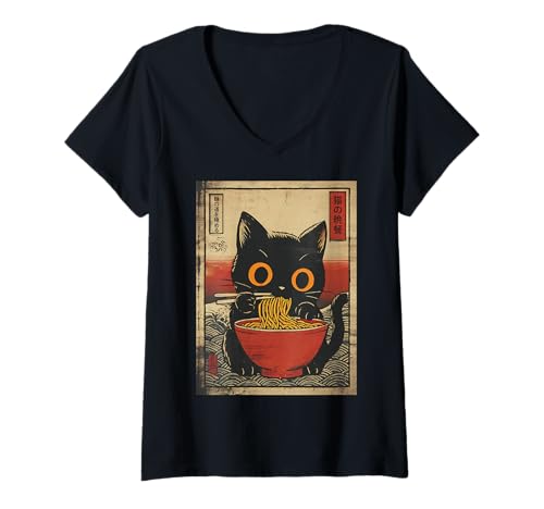 Damen Japanese Wave Ramen Cat Ukiyoe Style Bowl of Noodles Meme T-Shirt mit V-Ausschnitt Damen Japanese Wave Ramen Cat Ukiyoe Style Bowl of Noodles Meme T-Shirt mit V-Ausschnitt von Cat Ramen Japanese Art Culture Otaku Apparel