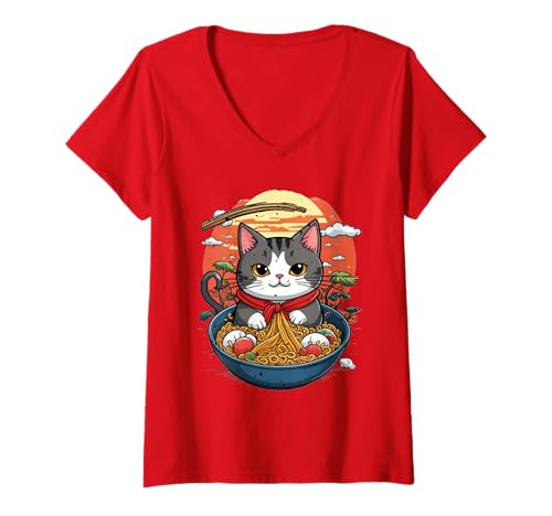 Damen Cat Ramen Japanese Funny Cat Graphic Kawaii Cat Anime T-Shirt mit V-Ausschnitt Damen Cat Ramen Japanese Funny Cat Graphic Kawaii Cat Anime T-Shirt mit V-Ausschnitt von Cat Ramen Noodles Funny Cats Designs