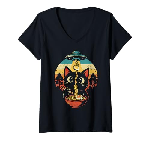 Damen Alien Abduction Ramen Cat Retro Japanische Nudeln Lustig T-Shirt mit V-Ausschnitt Damen Alien Abduction Ramen Cat Retro Japanische Nudeln Lustig T-Shirt mit V-Ausschnitt von Cat Ramen UFO Tees...