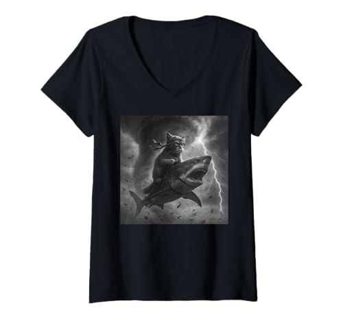 Damen Lustige Katze reitet einen Hai in Tornado Meme T-Shirt mit V-Ausschnitt Damen Lustige Katze reitet einen Hai in Tornado Meme T-Shirt mit V-Ausschnitt von Cat Rides Shark Designs