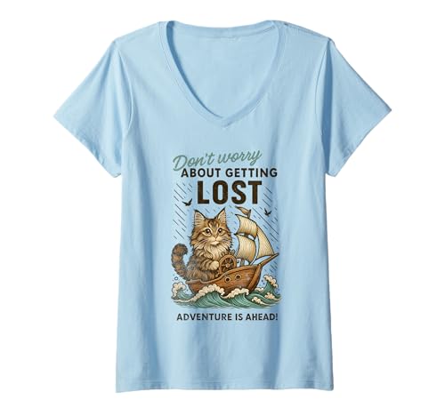 Damen Kawaii Mainecoon Katzen-Segelschiff Abenteuer Zitat T-Shirt mit V-Ausschnitt Damen Kawaii Mainecoon Katzen-Segelschiff Abenteuer Zitat T-Shirt mit V-Ausschnitt von Cat Sailing Adventure Quote