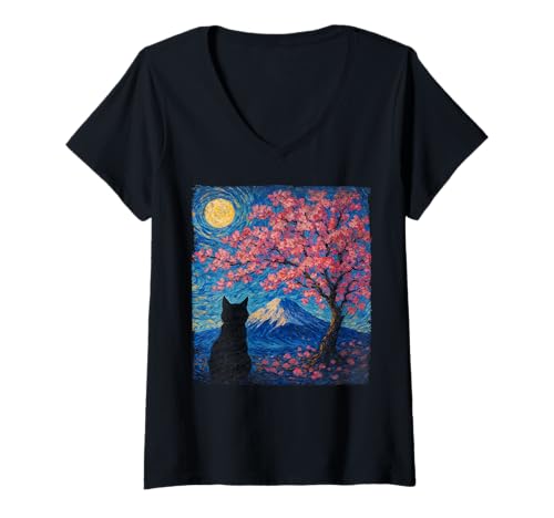 Damen Süße Katze Sakura Kirschblüte Baum Mount Fuji Sternennacht T-Shirt mit V-Ausschnitt Damen Süße Katze Sakura Kirschblüte Baum Mount Fuji Sternennacht T-Shirt mit V-Ausschnitt von Cat Sakura Mount Fuji The Starry Night Cats lover