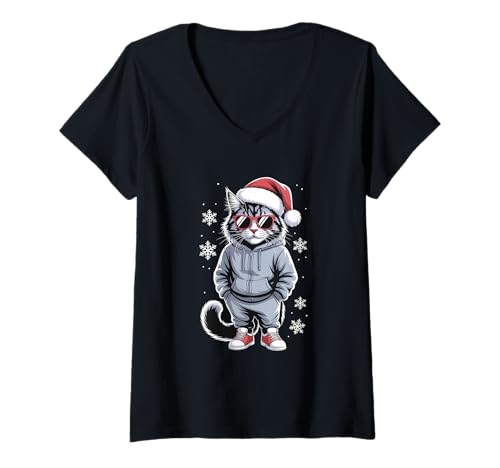 Damen Katze in Sonnenbrille Cool Christmas T-Shirt mit V-Ausschnitt Damen Katze in Sonnenbrille Cool Christmas T-Shirt mit V-Ausschnitt von Cat Santa Christmas Pajamas