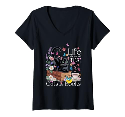 Damen Lustige Katzensprüche Life is Better with Tea Cats and Books T-Shirt mit V-Ausschnitt Damen Lustige Katzensprüche Life is Better with Tea Cats and Books T-Shirt mit V-Ausschnitt von Cat Sayings Life Is Better With Tea Cats And Books