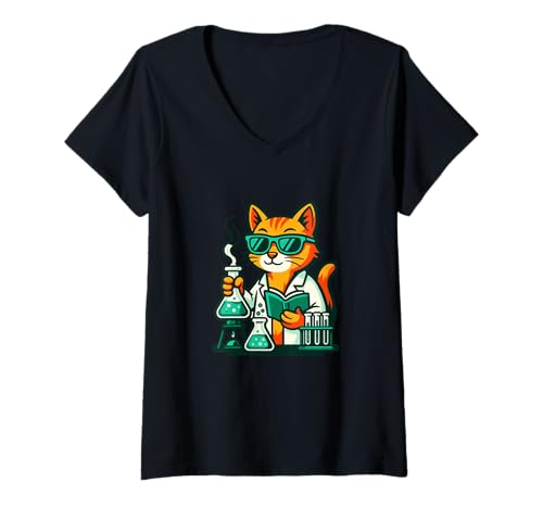 Damen Lustiger Katzenwissenschaftler Chemielabor Humor T-Shirt mit V-Ausschnitt Damen Lustiger Katzenwissenschaftler Chemielabor Humor T-Shirt mit V-Ausschnitt von Cat Science Chemistry Lab Humor Apparel