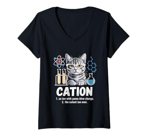 Damen Kation An Ion with Paws-itive Charge The Cutest Ion Ever Cat T-Shirt mit V-Ausschnitt Damen Kation An Ion with Paws-itive Charge The Cutest Ion Ever Cat T-Shirt mit V-Ausschnitt von Cat Science