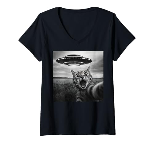 Damen Katze UFO T-Shirt mit V-Ausschnitt von Cat Selfie Alien